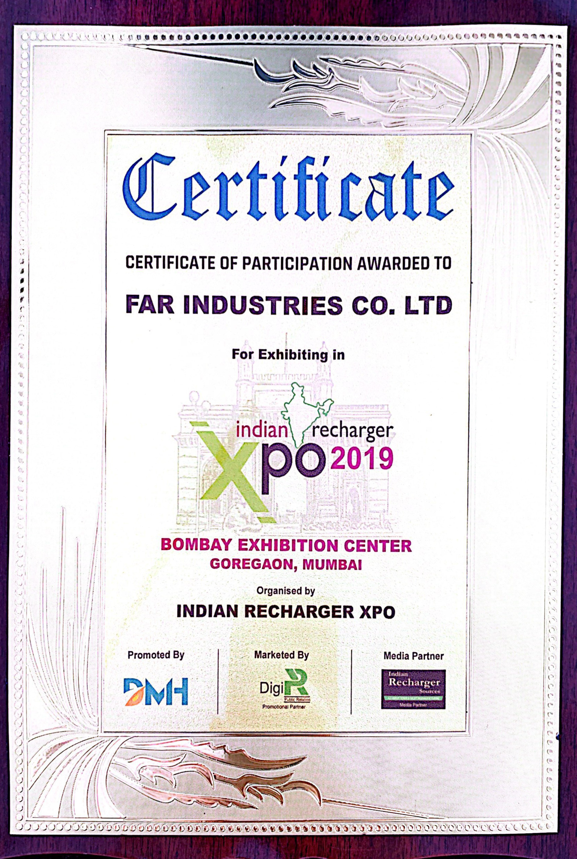 CERTIFICATE OF INDIAN RECHARGER XPO