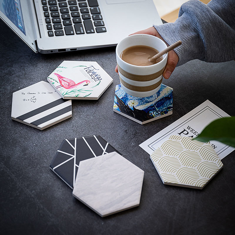 Hexagonal ceramic can be customized sublimated printed pattern coasters wholesale unit price$0.31
