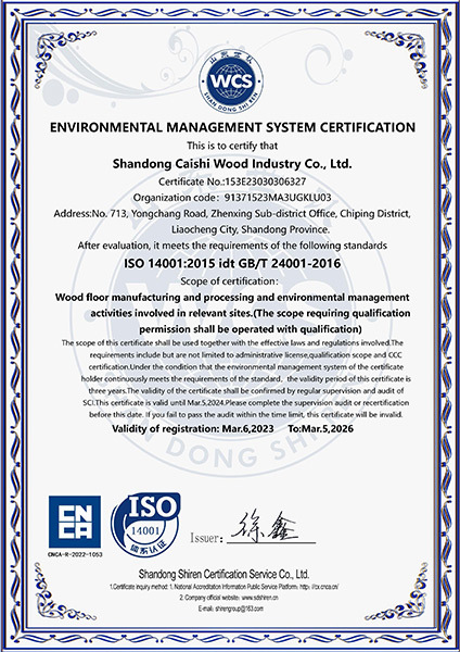 Environmental management system certification certificate