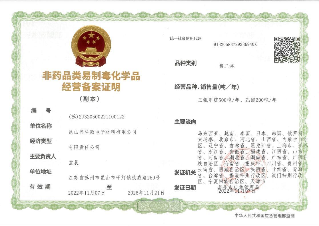 Non pharmaceutical precursor chemicals business registration certificate (Class II)
