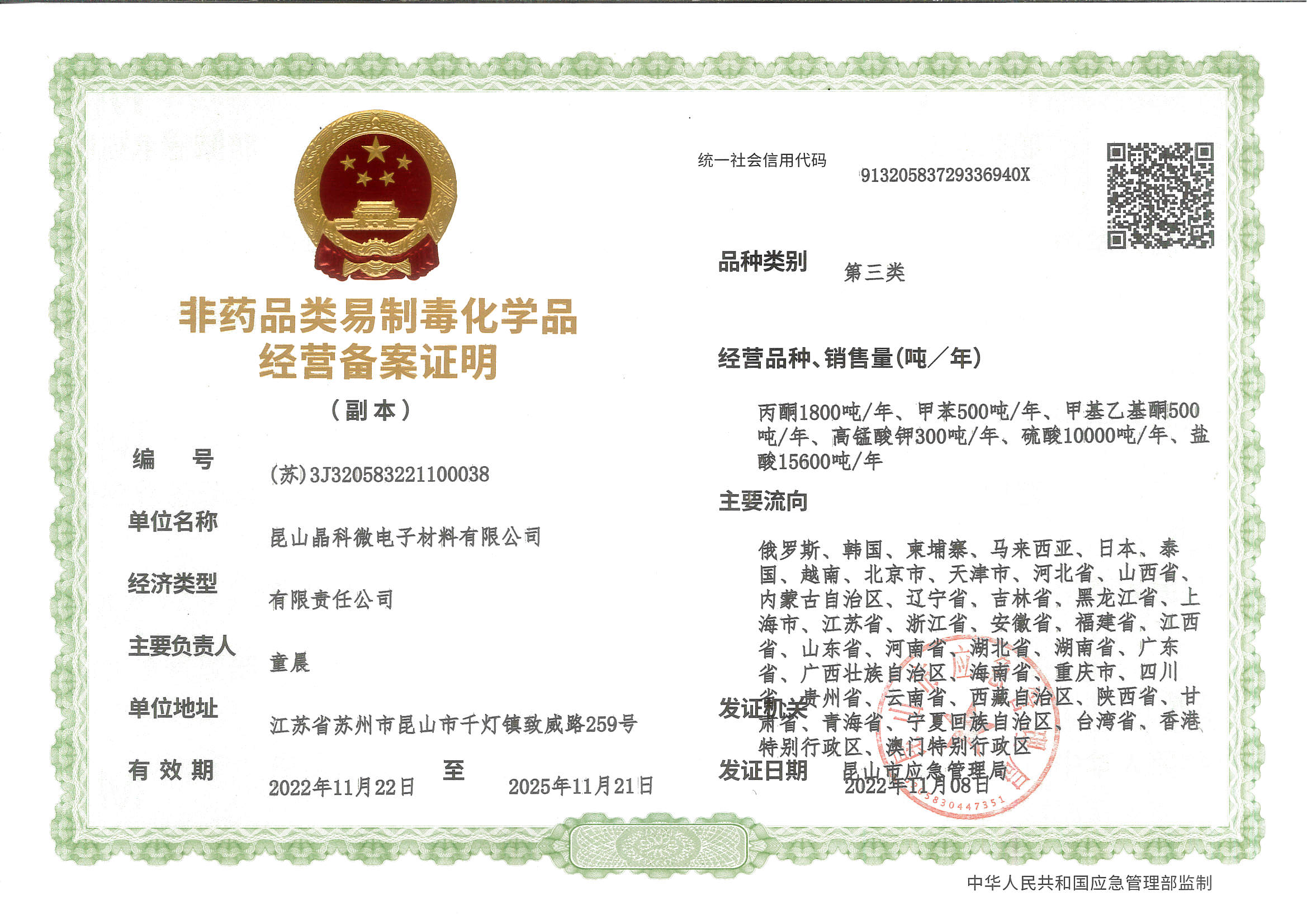 Non pharmaceutical precursor chemicals business registration certificate (Class III)