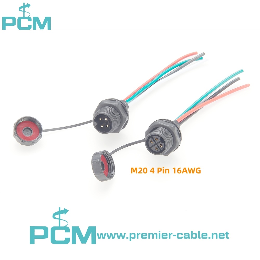 4 Pin IP68 waterproof power cable connector M20 panel cut