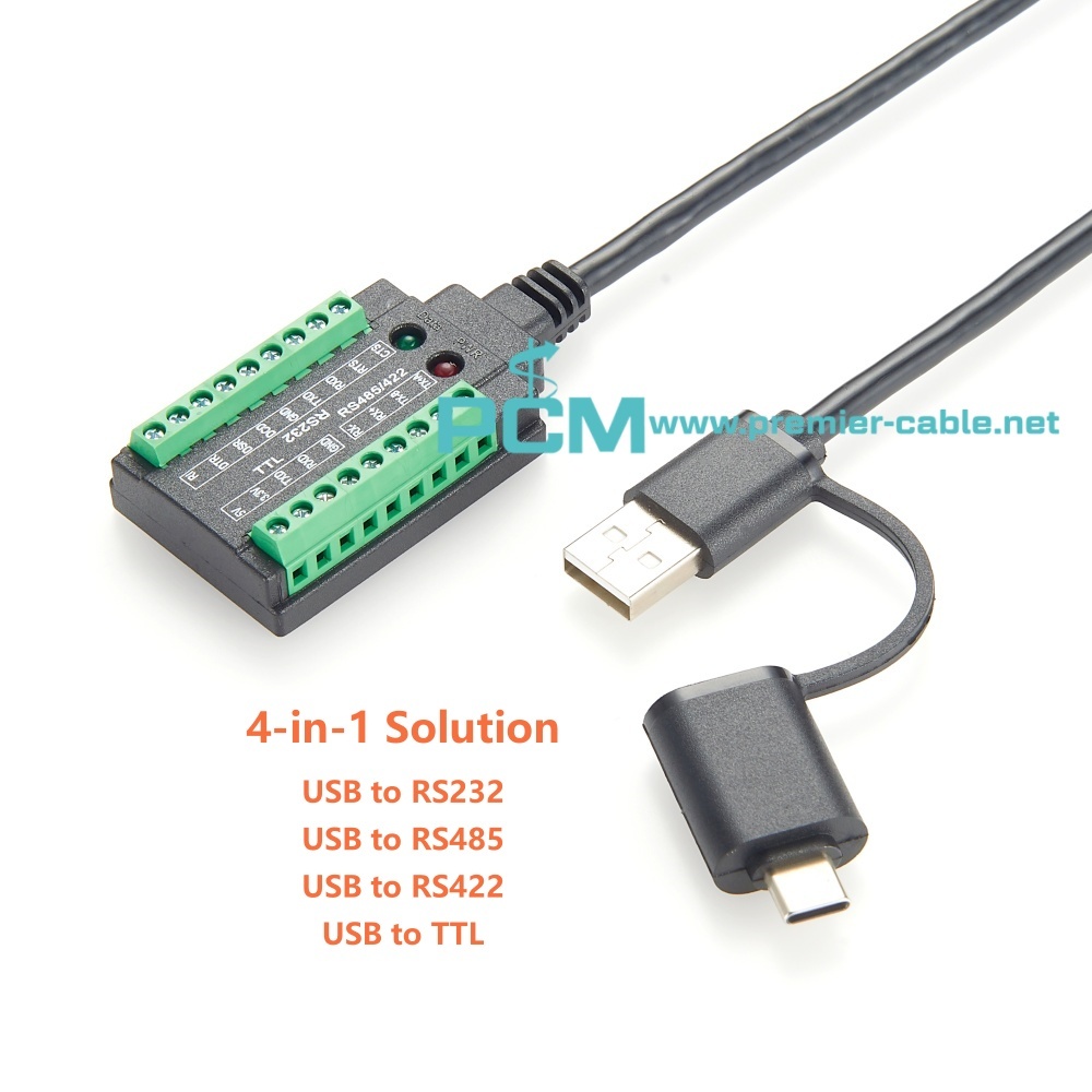 4-in-1 USB-A USB-C to RS232 RS485 RS422 TTL UART Serial Cable