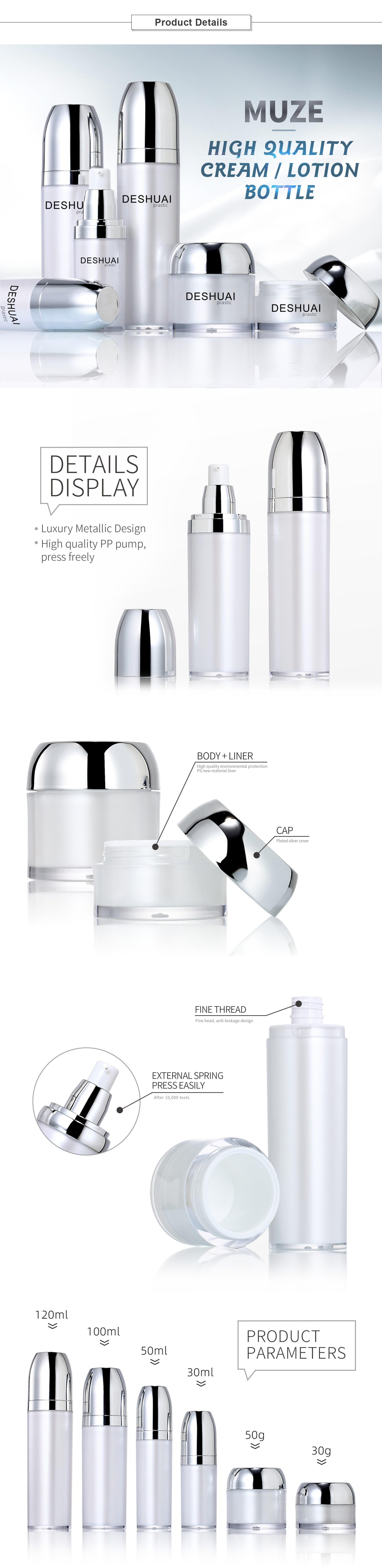 Silver rimmed bullet head high grade cream and lotion bottle