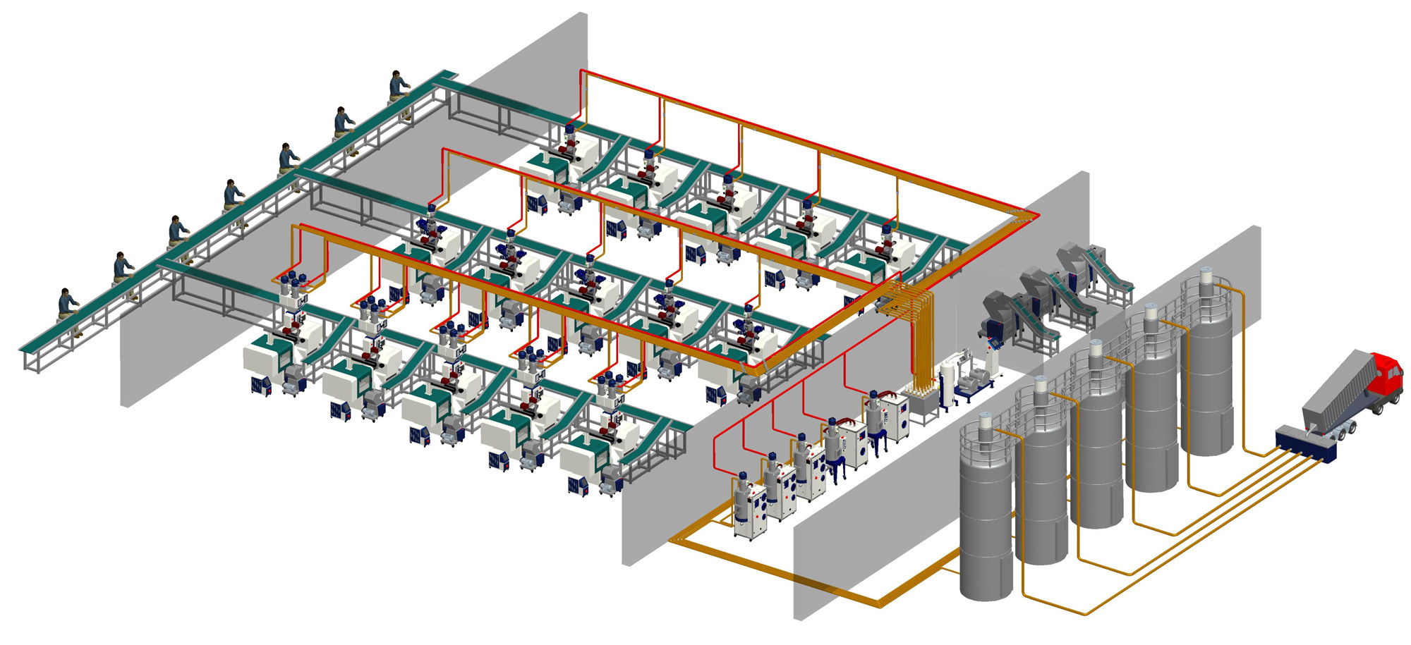 The centralized injection molding feeding system is a highly automatic material supply and distribution system