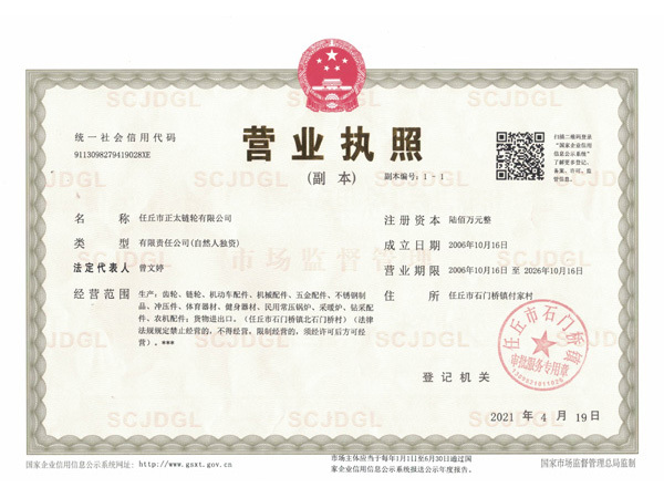 Zhengtai Sprocket Certificate