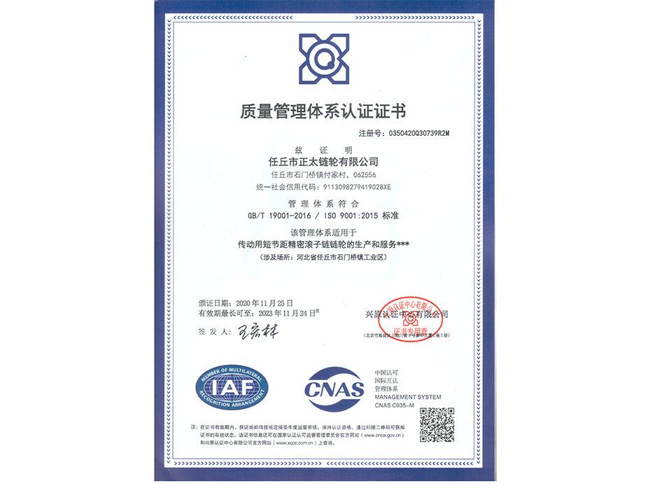 Zhengtai Sprocket Certificate