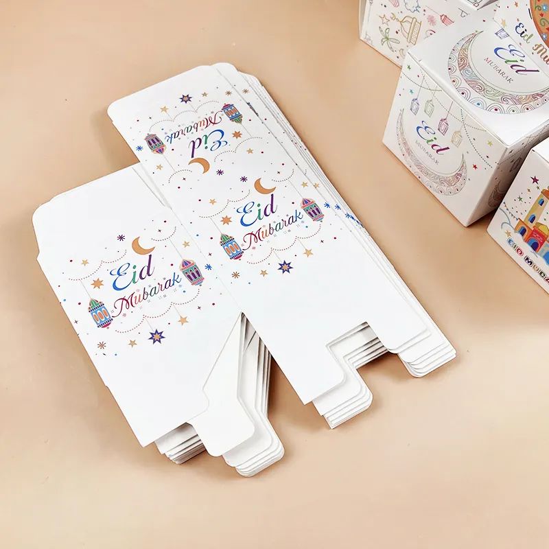 2023 White Eid Mubarak Paper Candy Sweet Chocolate Gift Packaging Box for Eid Ramadan Party Decoration Gift Box