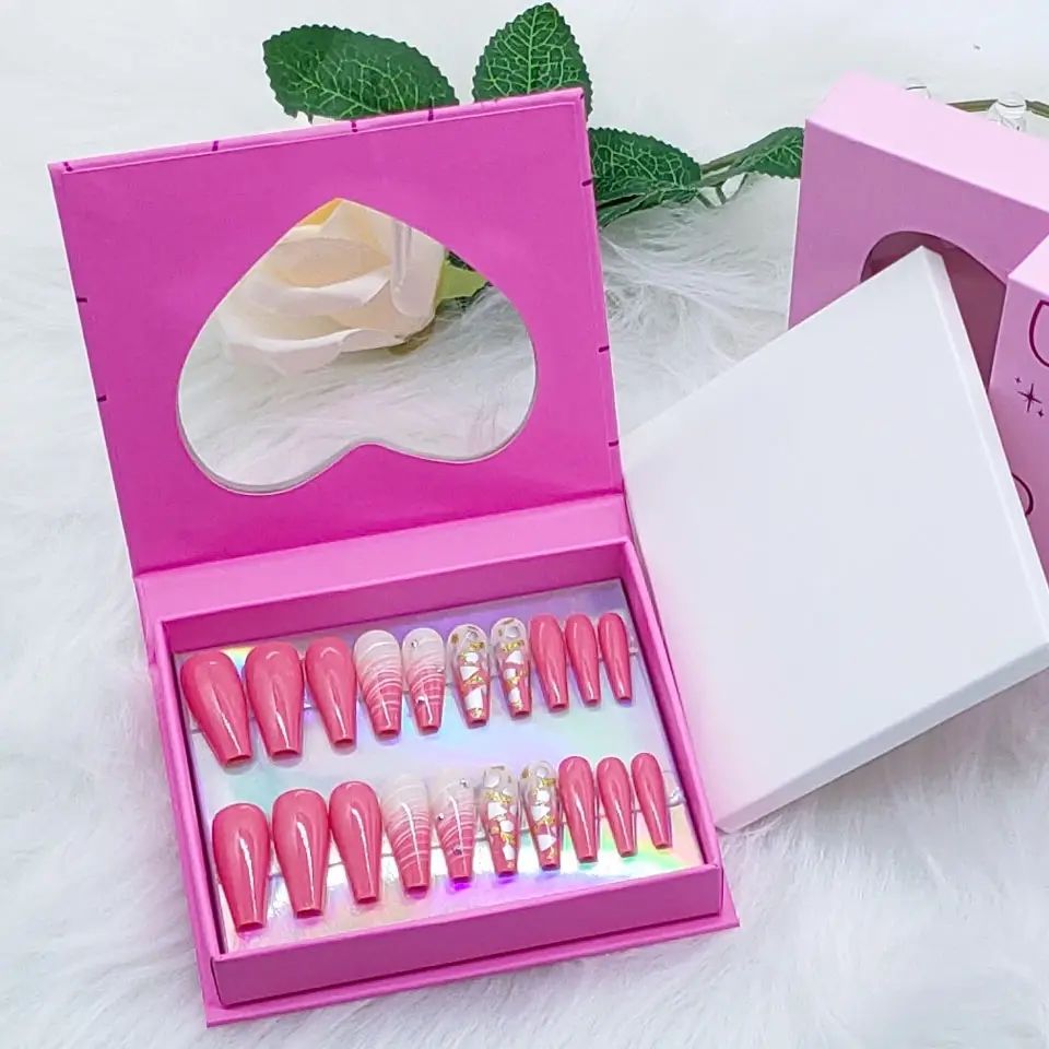 Custom Printed Empty False Nails Package Box Pink Fake Presson Press On Nail Artificial Fingernails Packaging Box