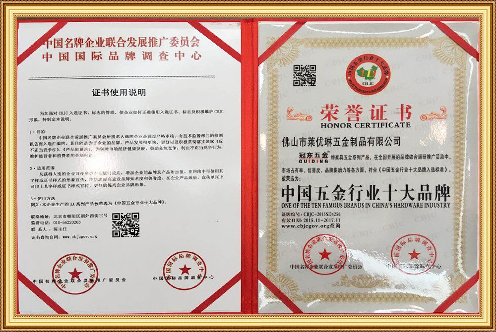 China hardware industry top ten brands honorary certificate a