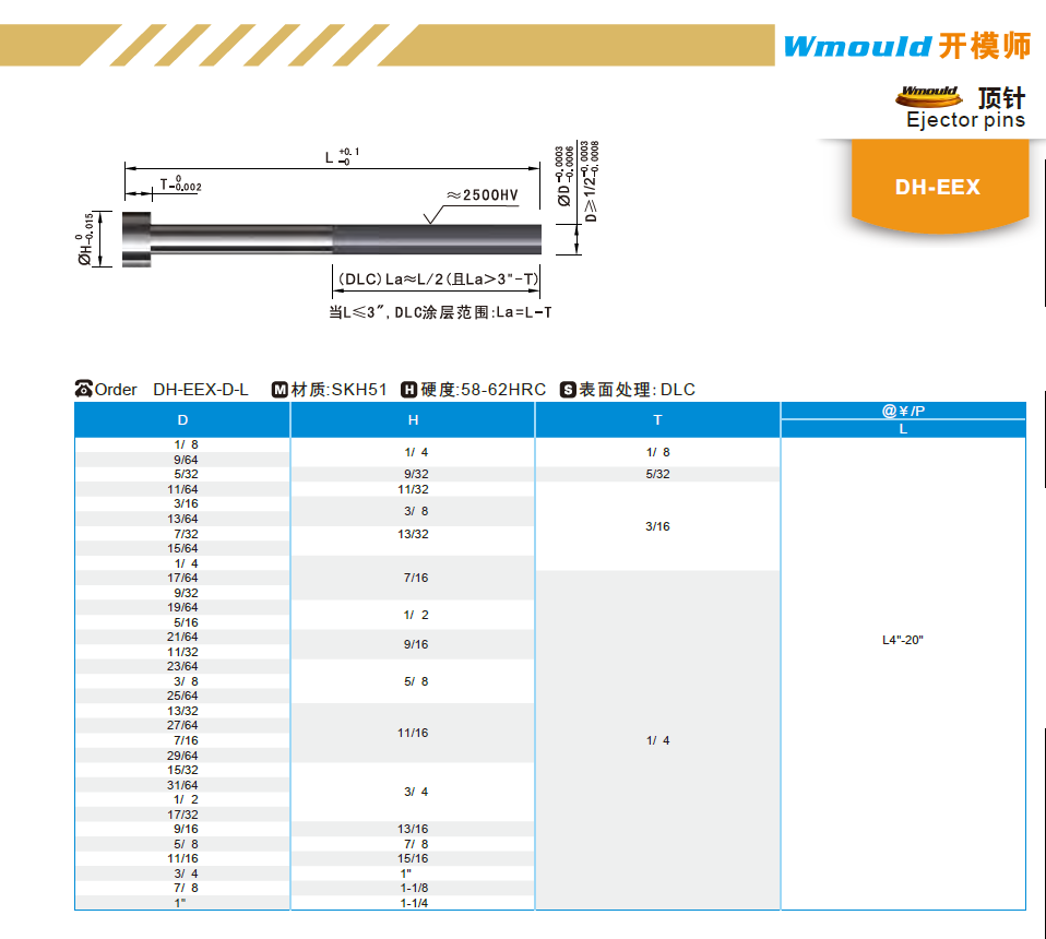 【开模师】塑胶模具配件模具顶针DH-EEX 标准件SKH51涂层顶针