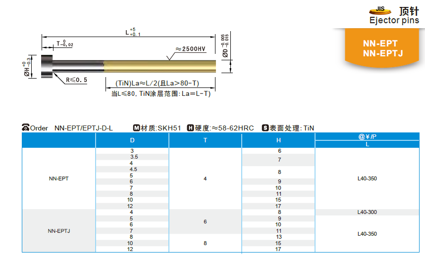 模具配件模具顶针NN-EPT 涂层顶针SKH51