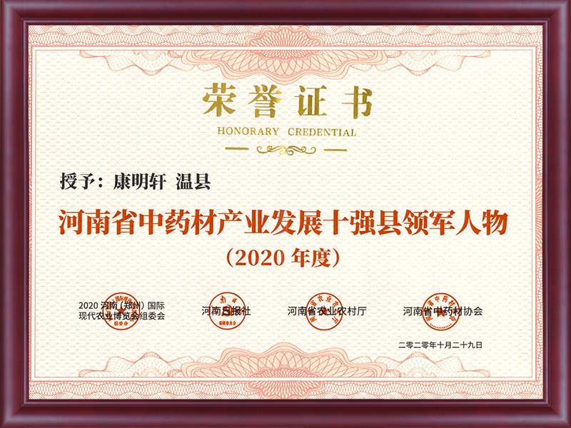 2020年河南省中药材产业发展十强县领军人物-荣誉证书