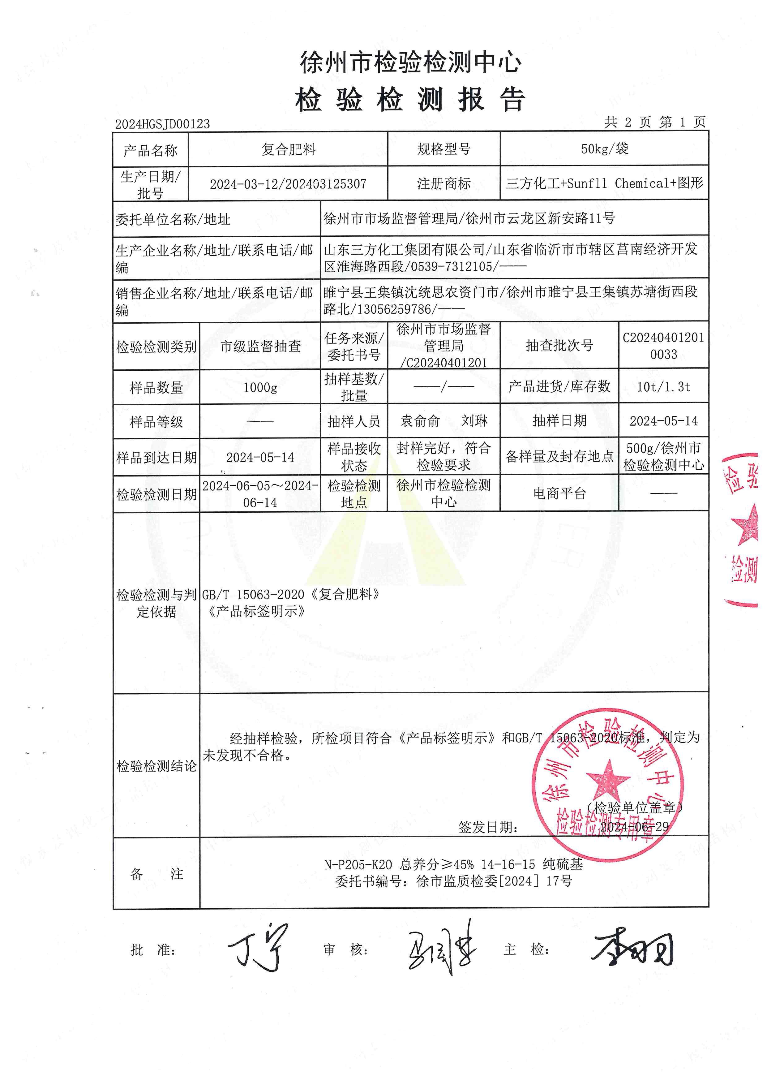 山东三方化工集团有限公司复合肥料检验检测报告公示