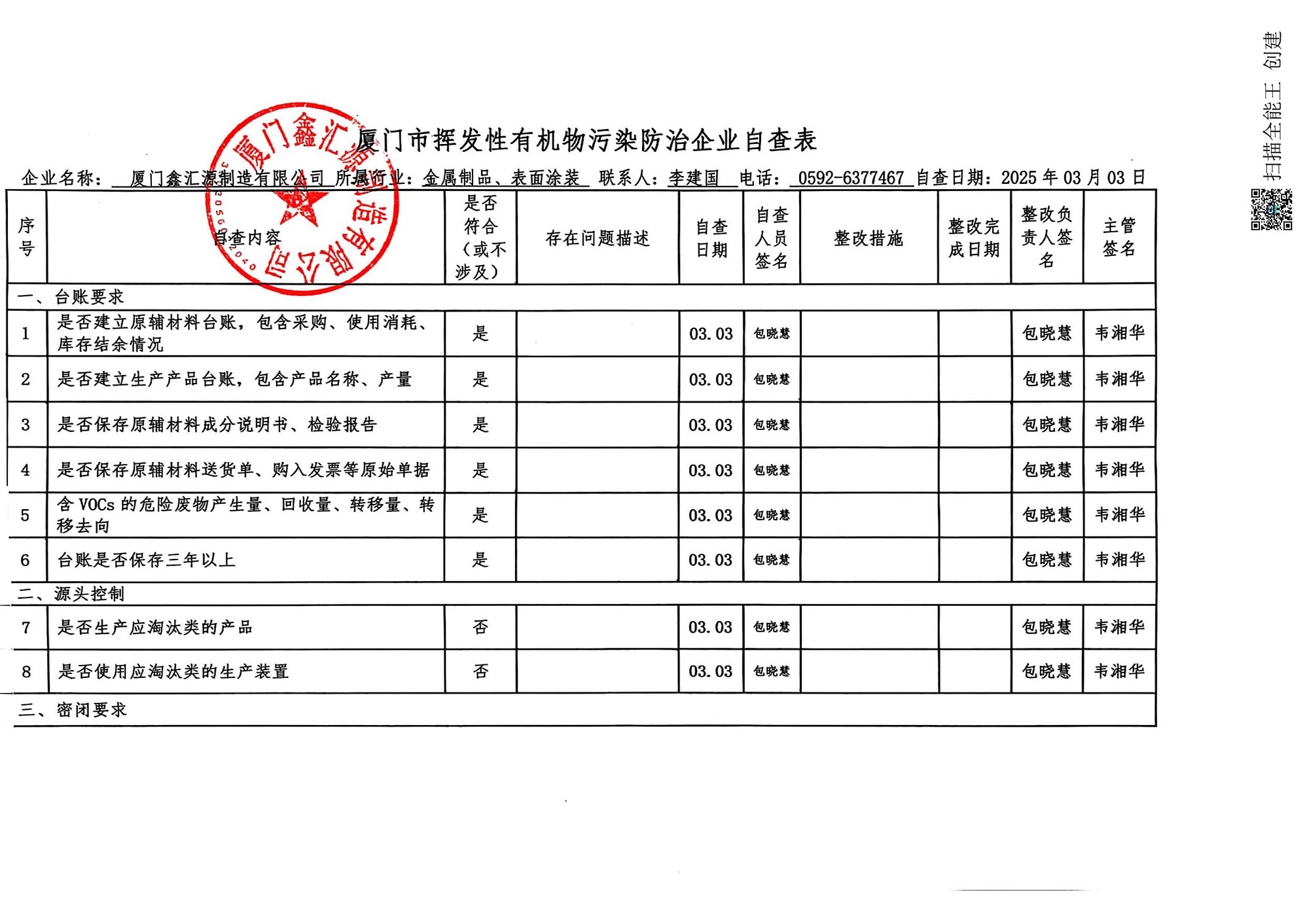 鑫汇源制造有限公司 2025年第一季度VOC自查表
