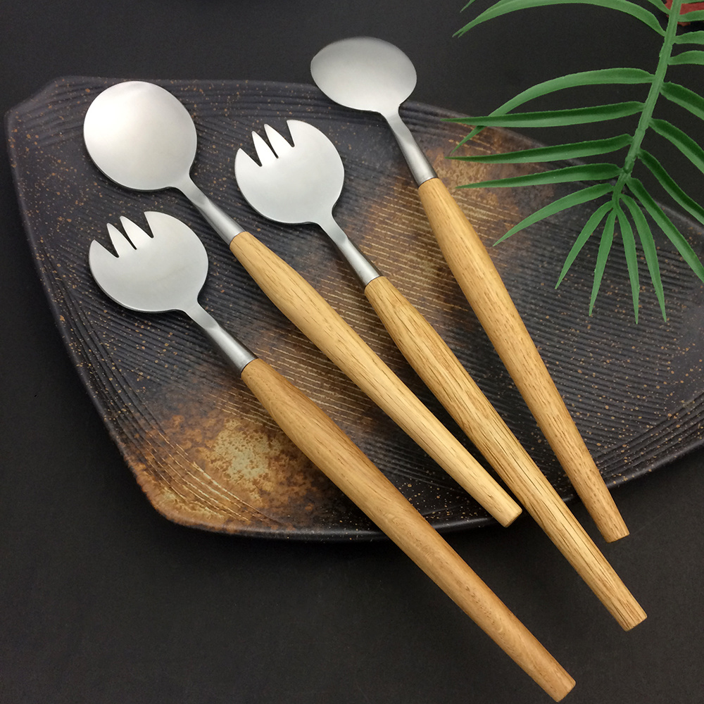 salad fork and spoon spork with wood handle stainless steel cutlery set