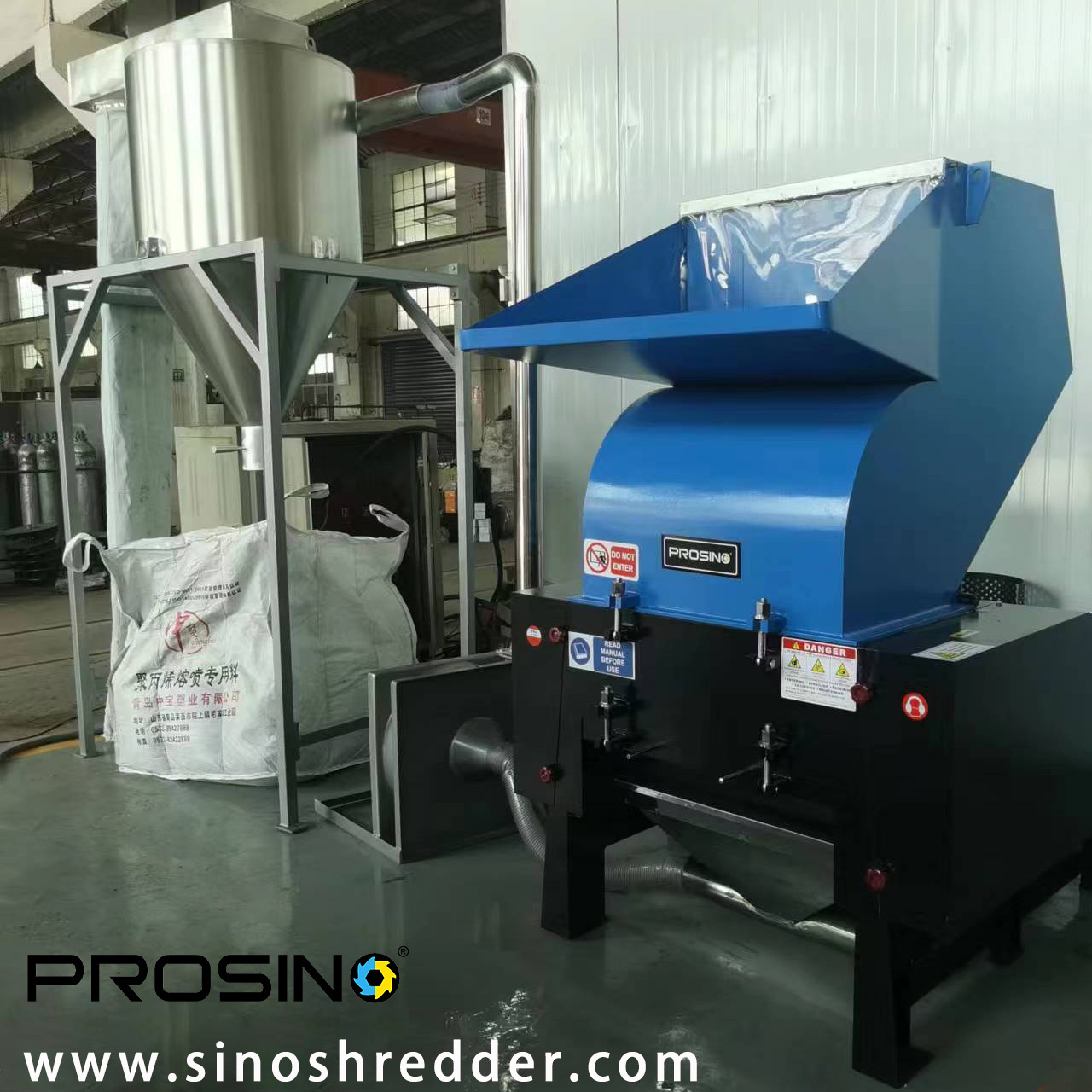 PROSINO Granulator + Material Collection System with a big stainless bin