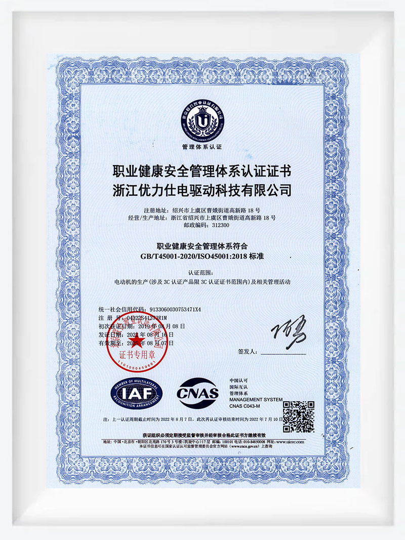 Occupational Health and Safety Management System Certification Certificate