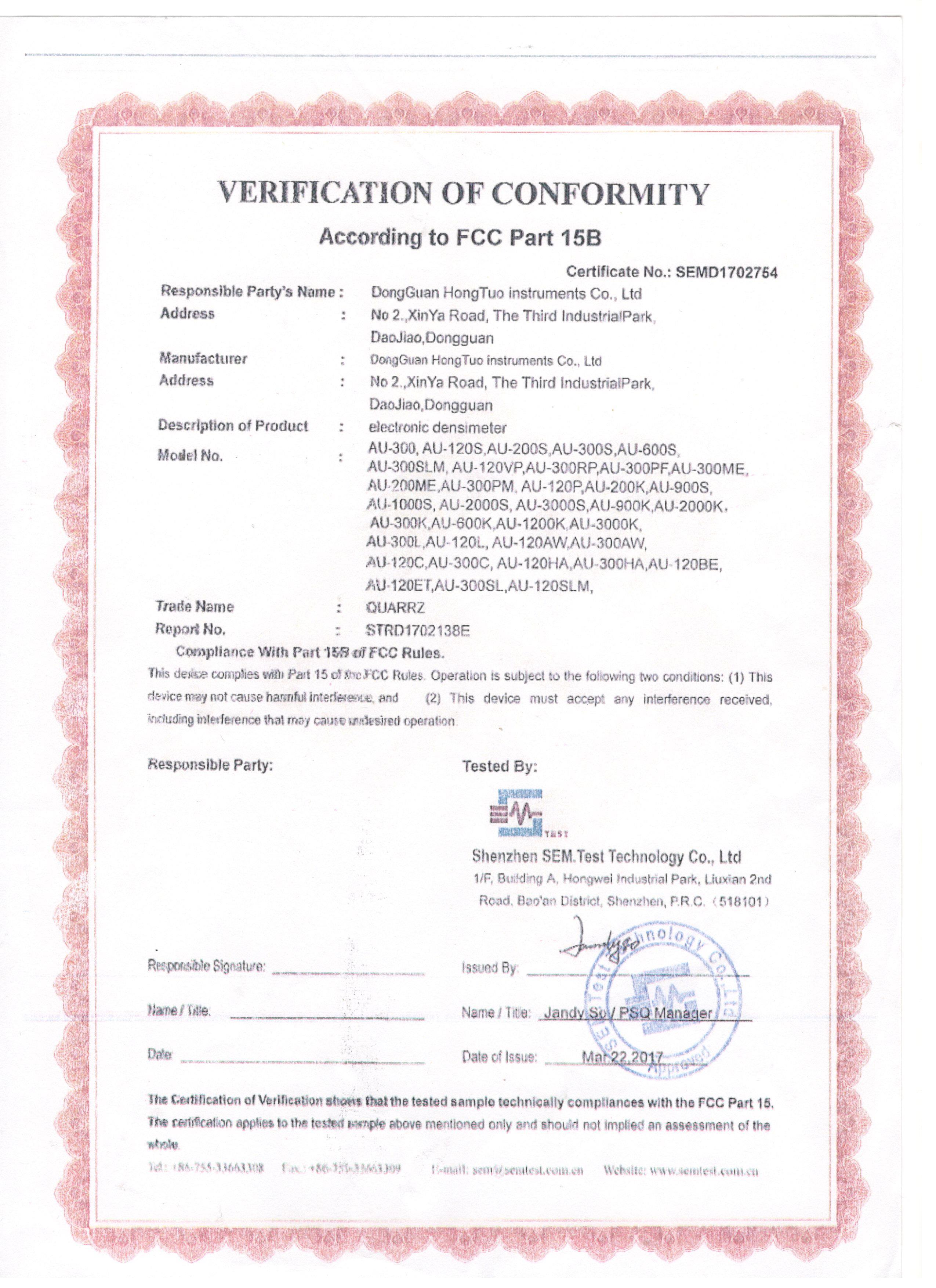 FCC Certification of Density Meter FCC Certification of Density Meter