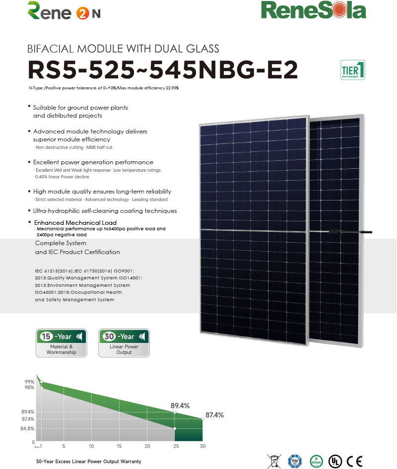 RS5-525~545NBG N-type (182-132 bifacial module with dual glass)