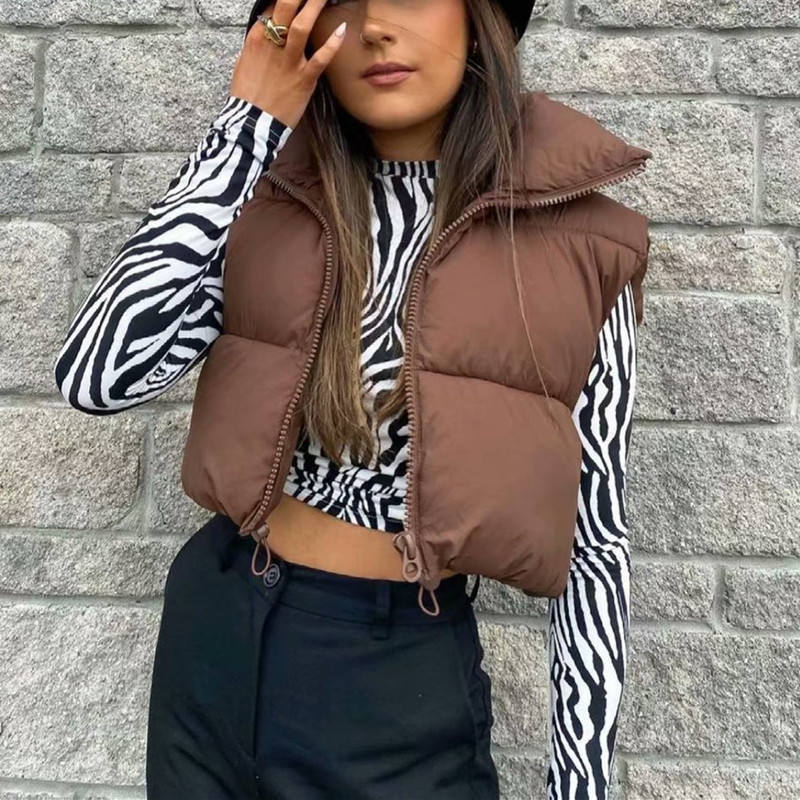 New Puffy Vest Women Zip Up Stand Collar Sle