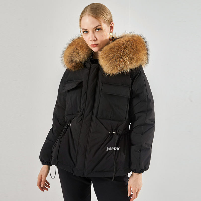JANVENY Luxury Large Natural Raccoon Fox Fur Hooded