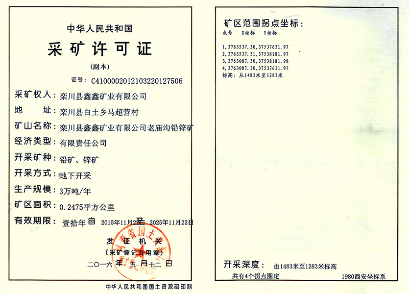 鑫鑫老庙沟采矿许可证