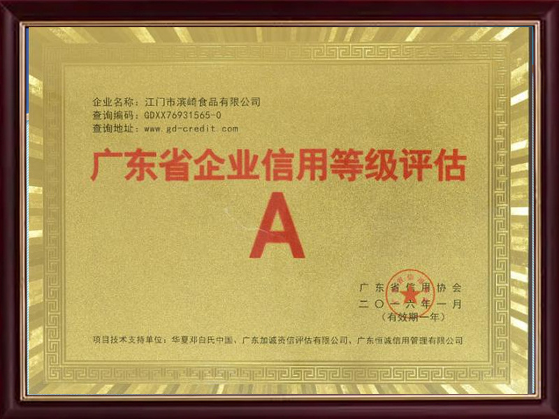 2016年广东省企业信用等级评估A级