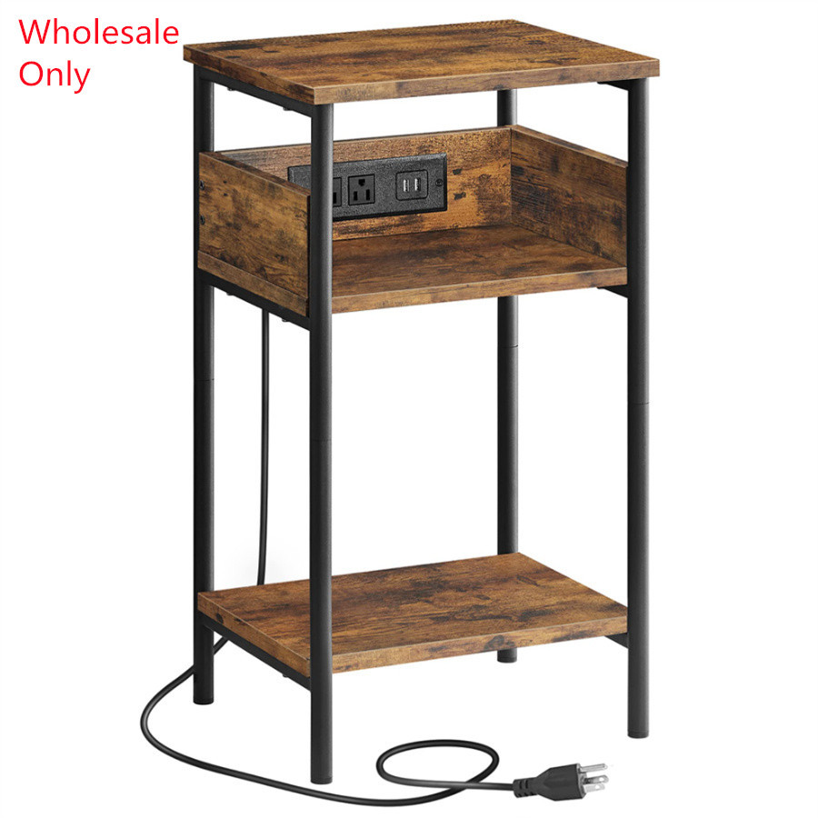 OEM End Table with Charging Station 3 Tier Slim Nightstand with Storage Shelf