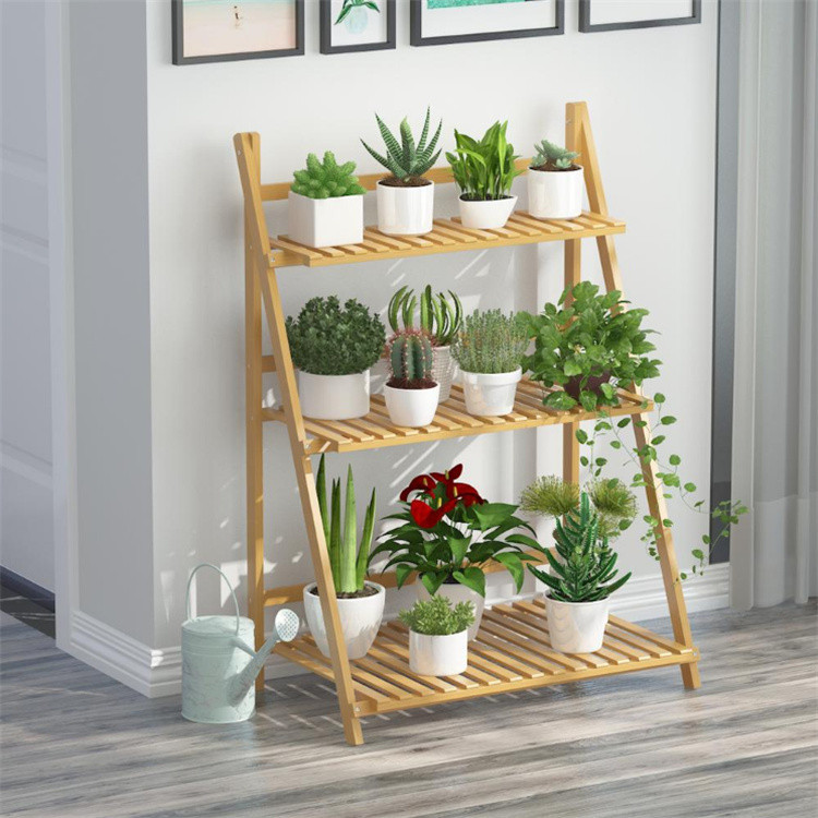Wholesale custom modern outdoor solid wood 3 tier plant pot stand bamboo ladder flower rack plant wooden display stand