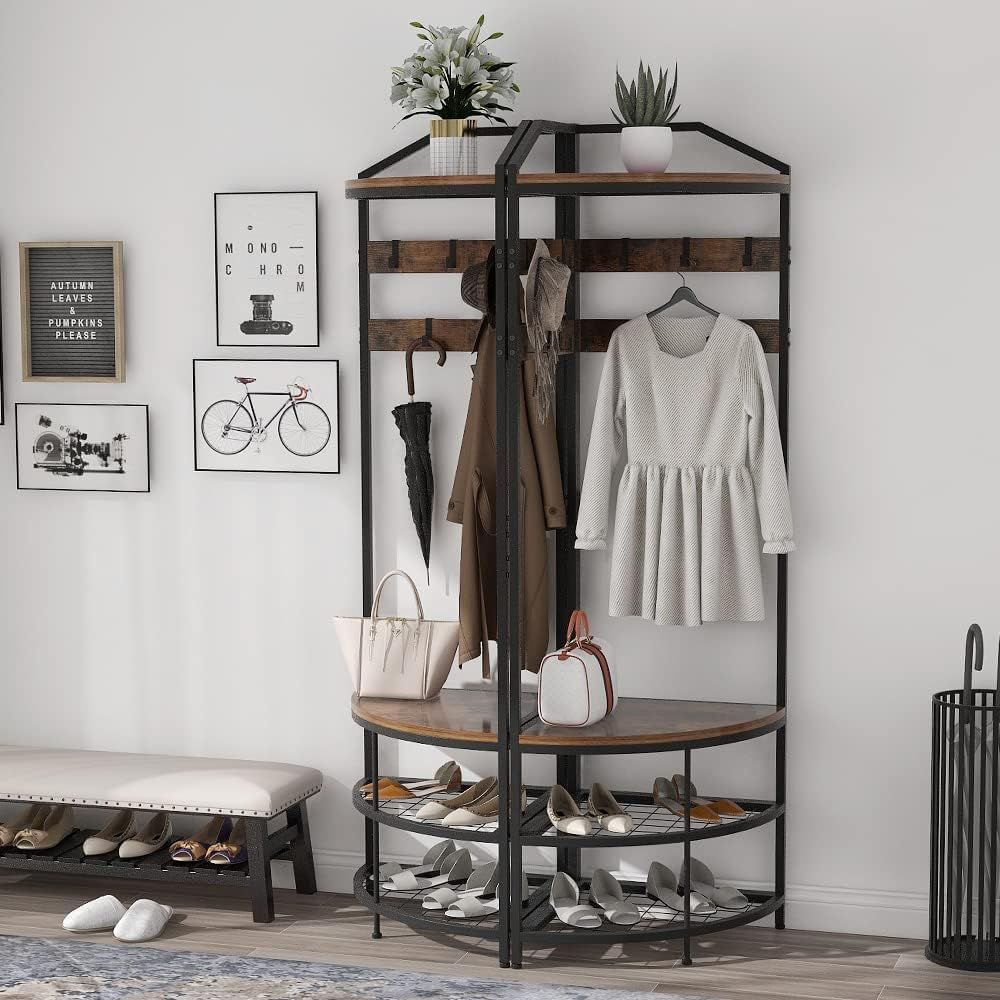 Freestanding Corner Hall Tree with Shoe Bench Entryway Coat Rack with 10 Metal Movable Hooks