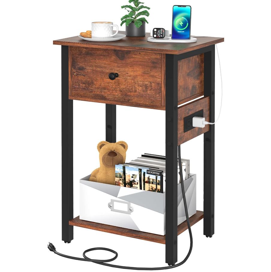 Nightstand with Charging Station Side Table End Table with Large Drawer and Storage Shelf