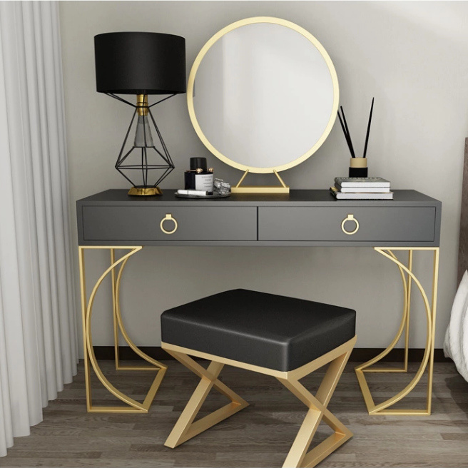 bedroom corner luxury white black gold 2 drawers LED dressing table set vanity makeup table
