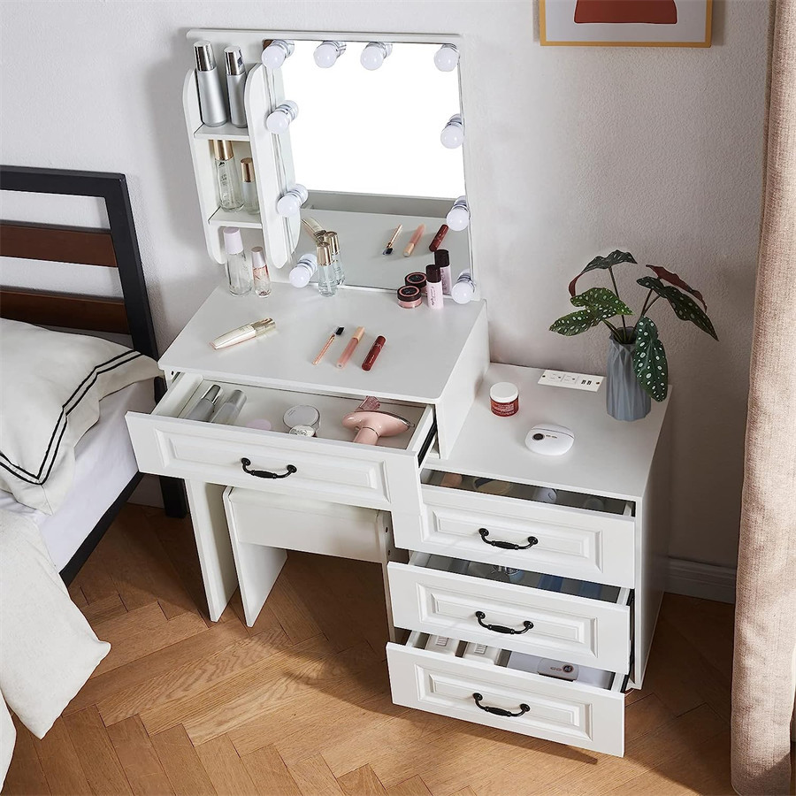 OEM Wood Makeup Vanity Set Dressing Table With Led Lights Mirror & Bedside Cabinet