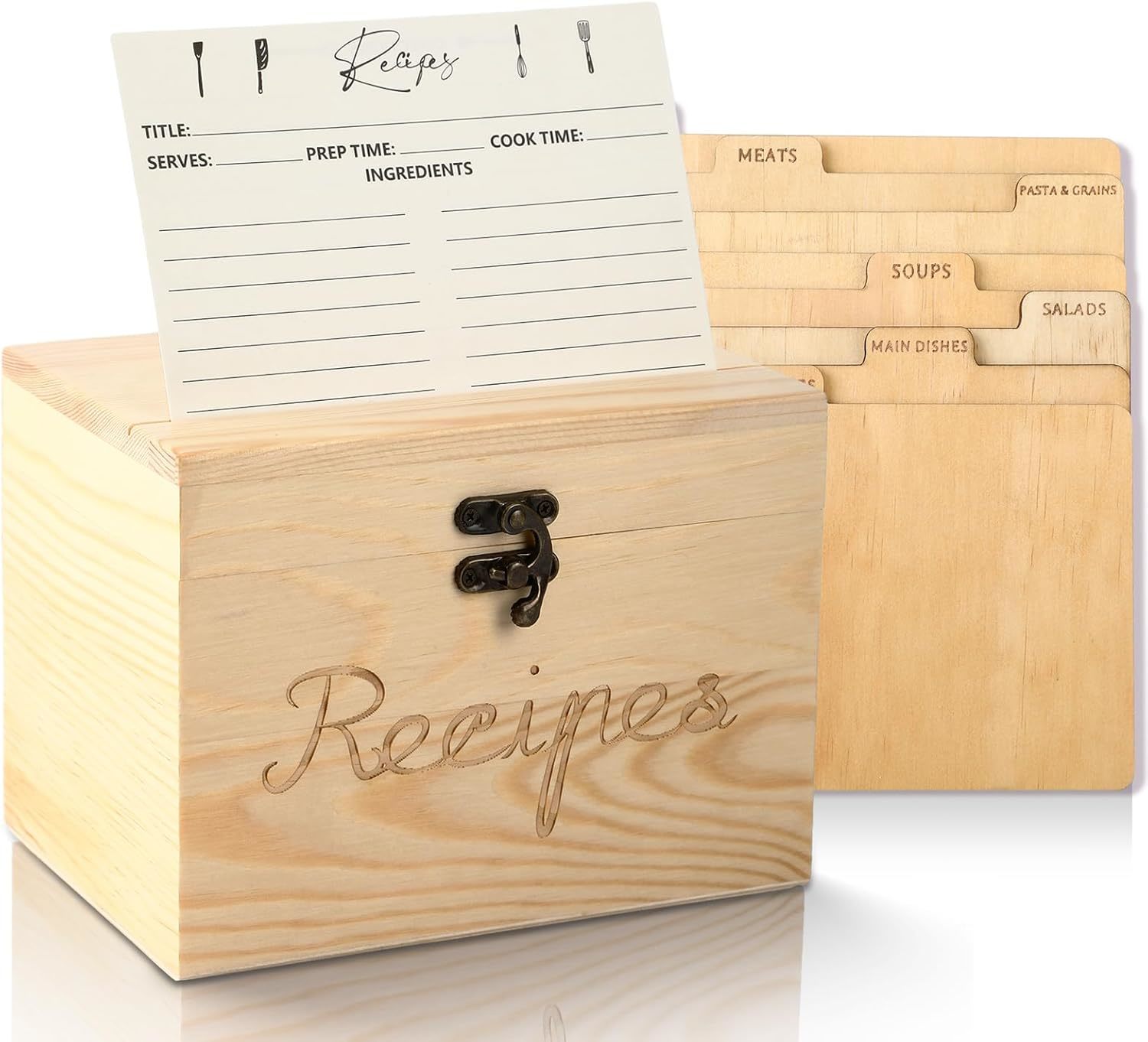 Wooden Recipe Box Holder and Organizer Set with Cards and Dividers