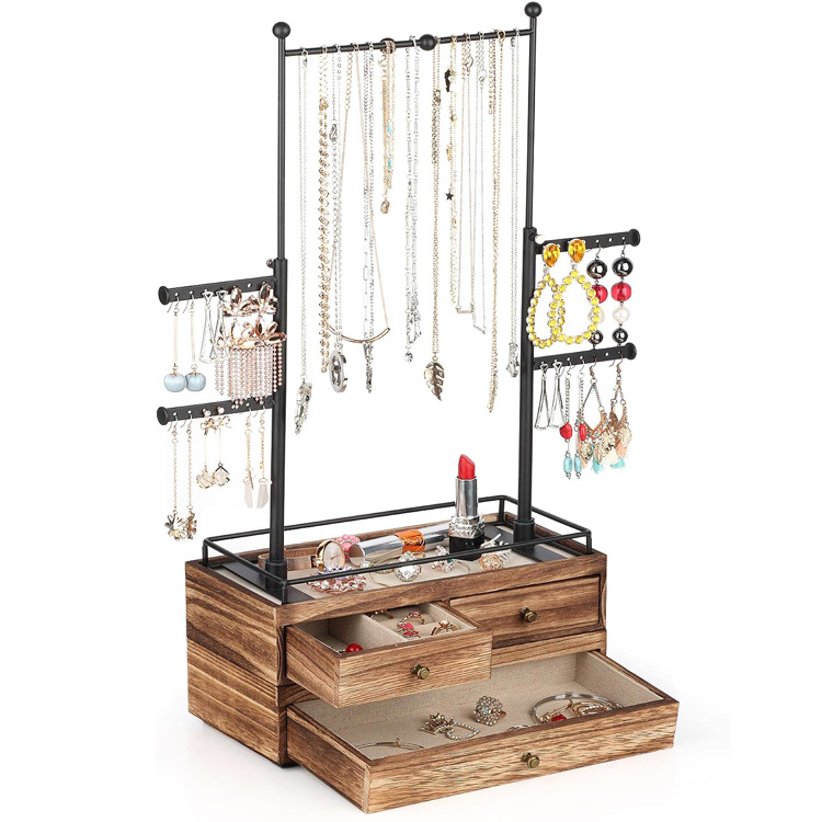 Wooden Jewelry Drawer Storage Box with 6 Tier Jewelry Tree Stand