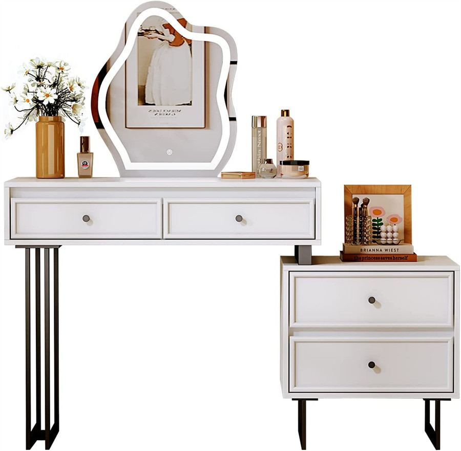 Dressing Makeup Vanity And Bedside Table Set With Led Light Makeup Mirror