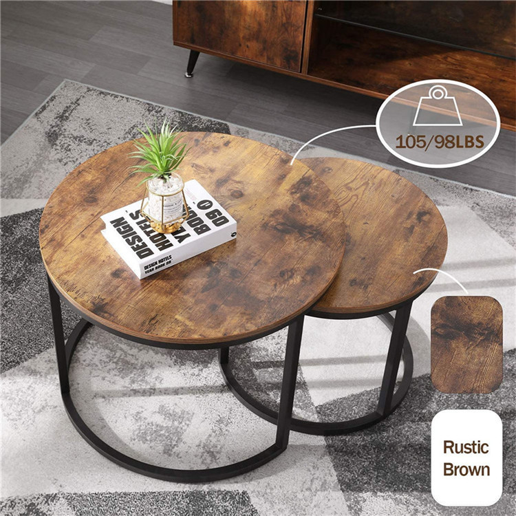 Living Room Industrial Set of 2 Nesting Coffee Table Modern Round Wooden Side Table with Sturdy Metal Legs