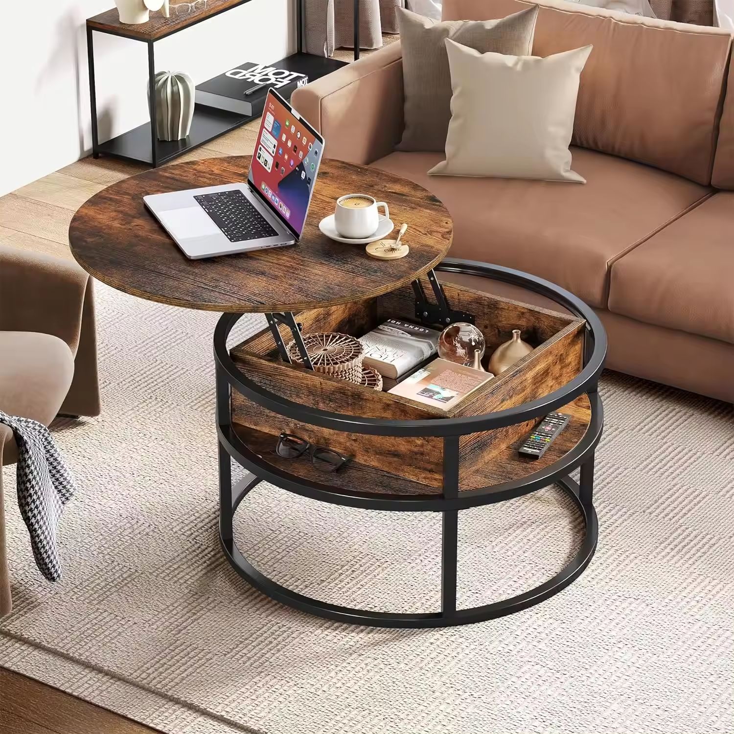 Round Lift Top Circle Center Tables Living Room Coffee Table with Storage for Home Office