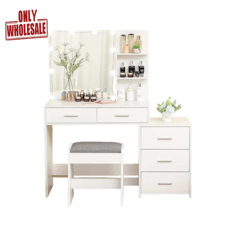 OEM Vanity Set with 3 Color Lighted Mirror Makeup Table with 3 Storage Shelves & Drawers