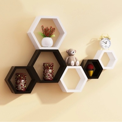 Wooden Hexagon Mounted Floating Shelves Wall Decor Storage Racks Children's Room DIY Decoration