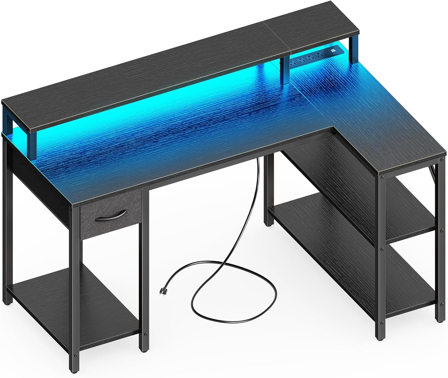 L Shaped Desk with LED Lights & Power Outlets
