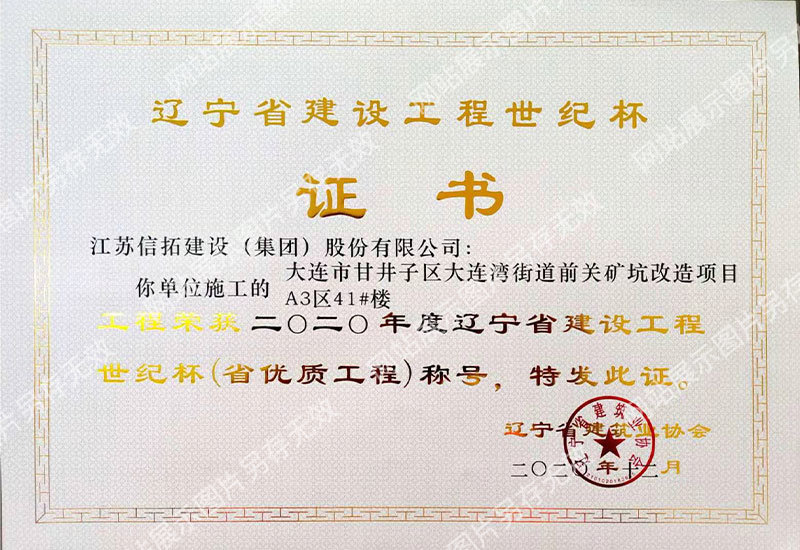 遼寧省建設工程世紀杯證書