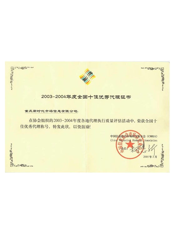 全國十佳優秀代理證書