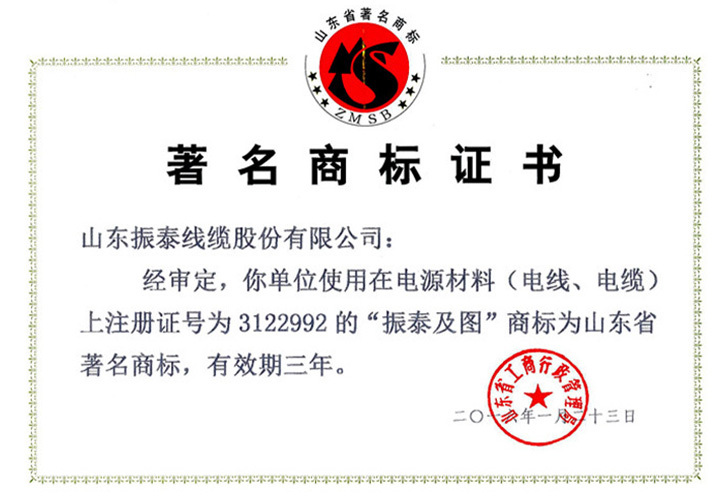 著名商標(biāo)證書