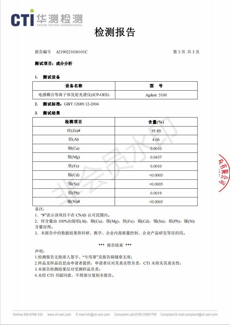 2019年3#锌合金成分分析报告 2019年3#锌合金成分分析报告