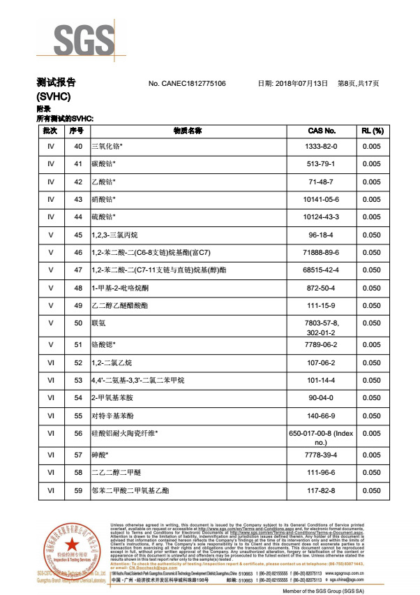 2018年锌合金欧盟REACH-svhc测试报告(中文版) 2018年锌合金欧盟REACH-svhc测试报告(中文版)