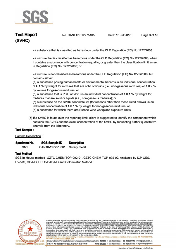 2018年锌合金欧盟REACH-svhc测试报告(英文版) 2018年锌合金欧盟REACH-svhc测试报告(英文版)