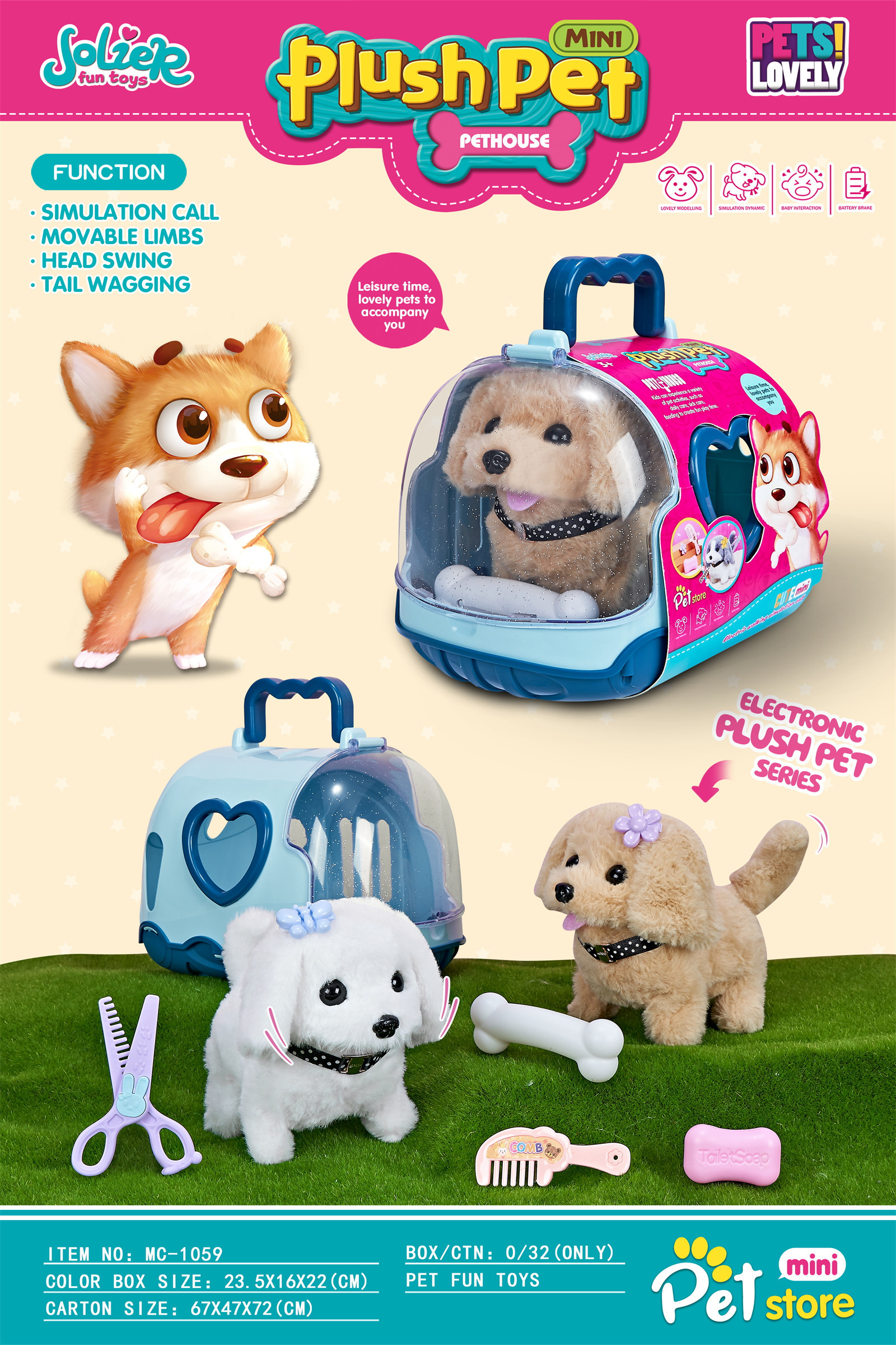 Battery-operated mini plush pet dog toys set