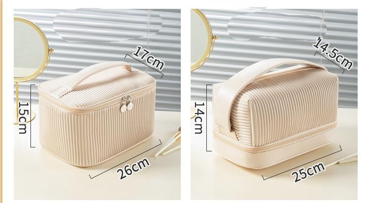 ES2352Toast cosmetic bag makeup bag PU pleated wash-and-wash bag travel carry-on bag high-capacity double-layer handbag